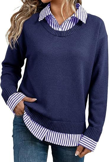Look Striped Patchwork Sweater For Women, Loose Pullover Knit Top, European And American Style Long Sleeve Shirt