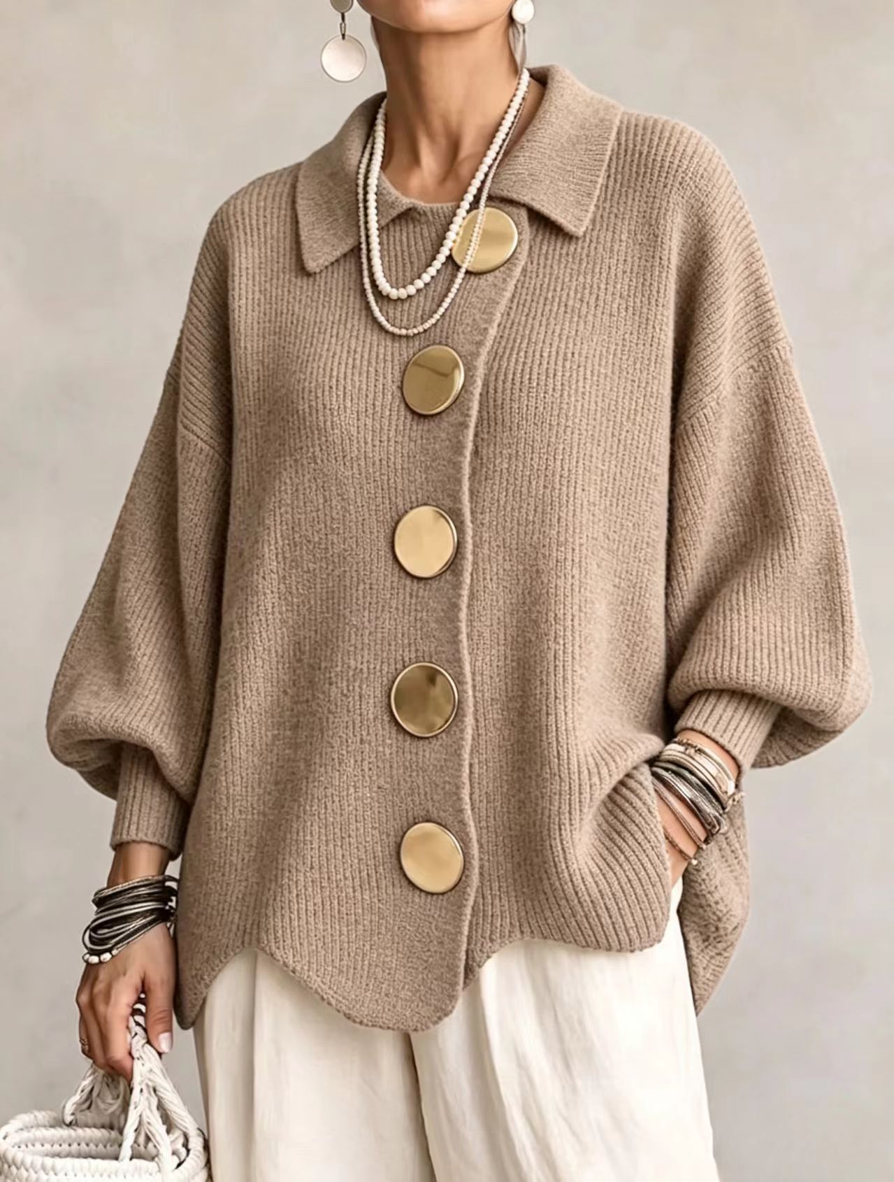Button-down Cardigan Women's Fall Winter Lapel Button Knitted Jacket Long Sleeve Loose Fit Sweater Outerwear