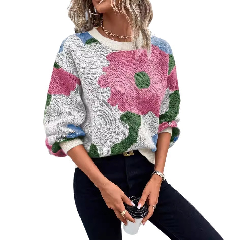 Cross-border European and American Autumn and Winter Round-neck Long-sleeve Knitted Top, Versatile Jacquard Casual Pullover Sweater For Women