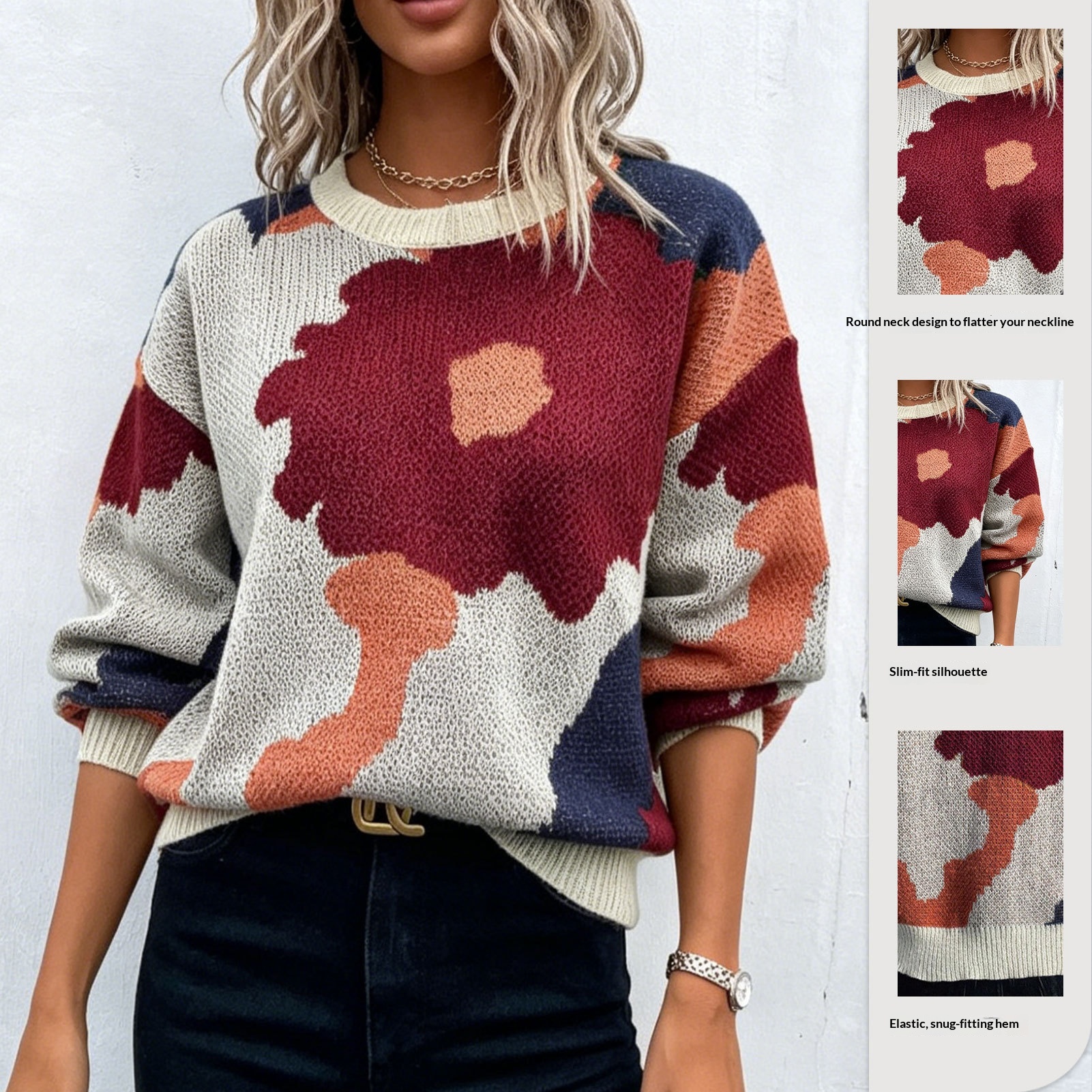 Cross-border European and American Autumn and Winter Round-neck Long-sleeve Knitted Top, Versatile Jacquard Casual Pullover Sweater For Women