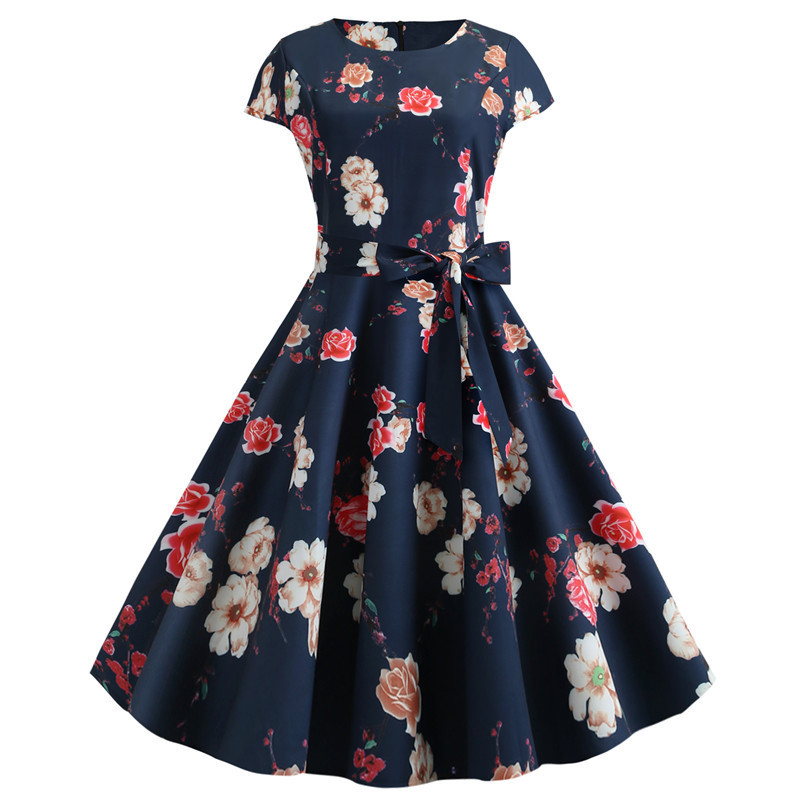 Women's Printed Short-sleeved Lace-up Dress