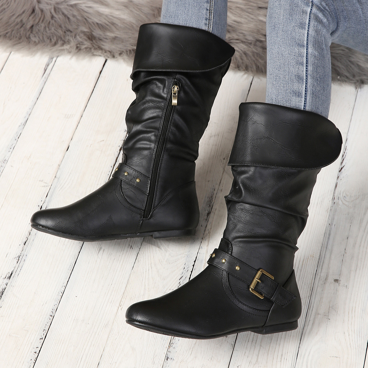 Plus-size High-top Flat Western Cowboy Boots