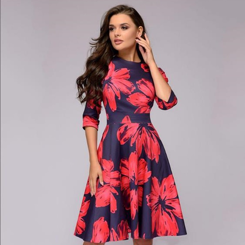 Autumn/Winter Women's A-line Dress Party Retro Small Fragmented Flower 3/4 Sleeve Round Neck Dress