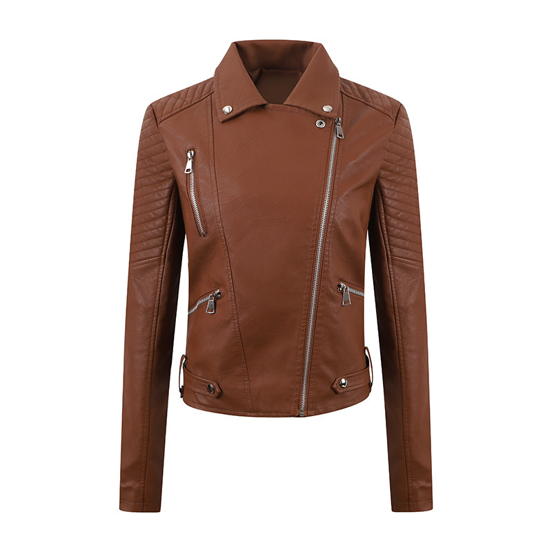Women's Short Leather Oblique Pull Slim Clothing Leather Jacket