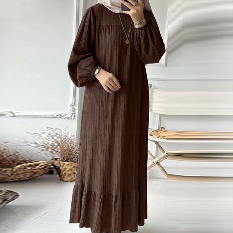 Muslim Women's Wear Robe Vintage Maxi Dress Pure Color Ruffles Dress