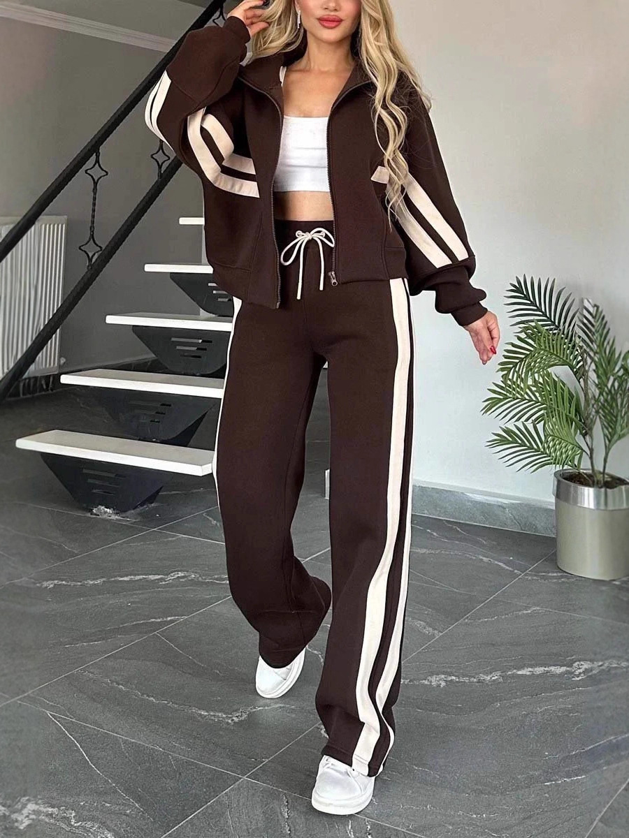 European And American Cross-Border Amazon Autumn Striped Zip-Up Jacket Casual Sports Suit For Women