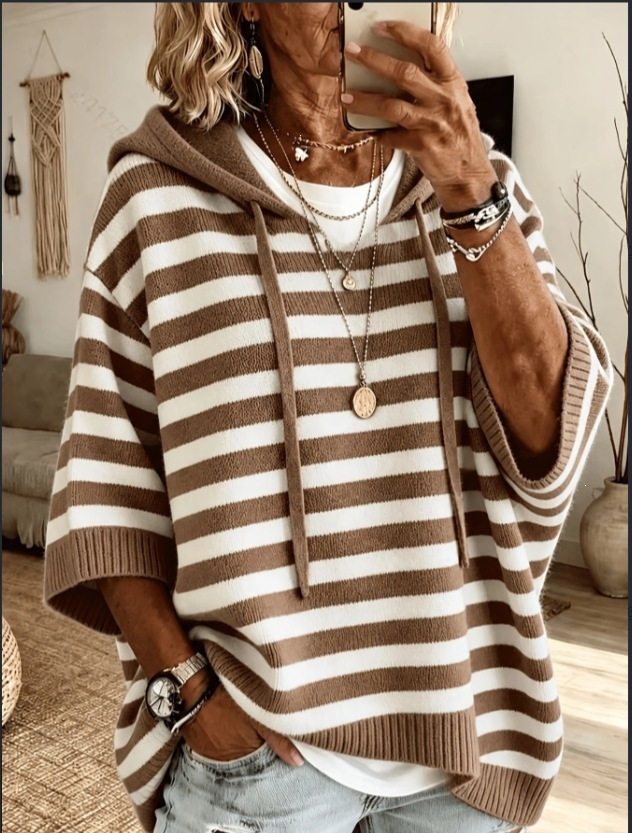 Women's Striped Hooded Knit Pullover - Loose Plus Size 3-4 Sleeve Drawstring Casual Outer Top