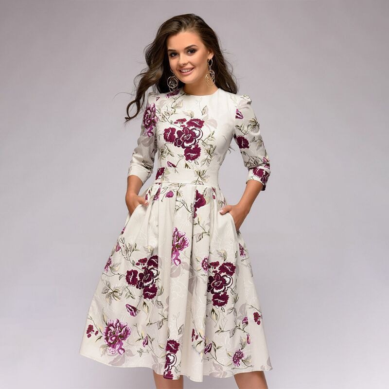 Autumn/Winter Women's A-line Dress Party Retro Small Fragmented Flower 3/4 Sleeve Round Neck Dress