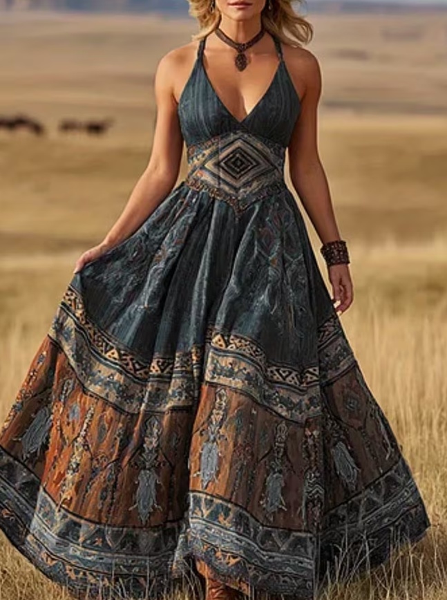 Deep V-neck Fitted Waist Full Skirt Sleeveless Long Vacation Dress For Women