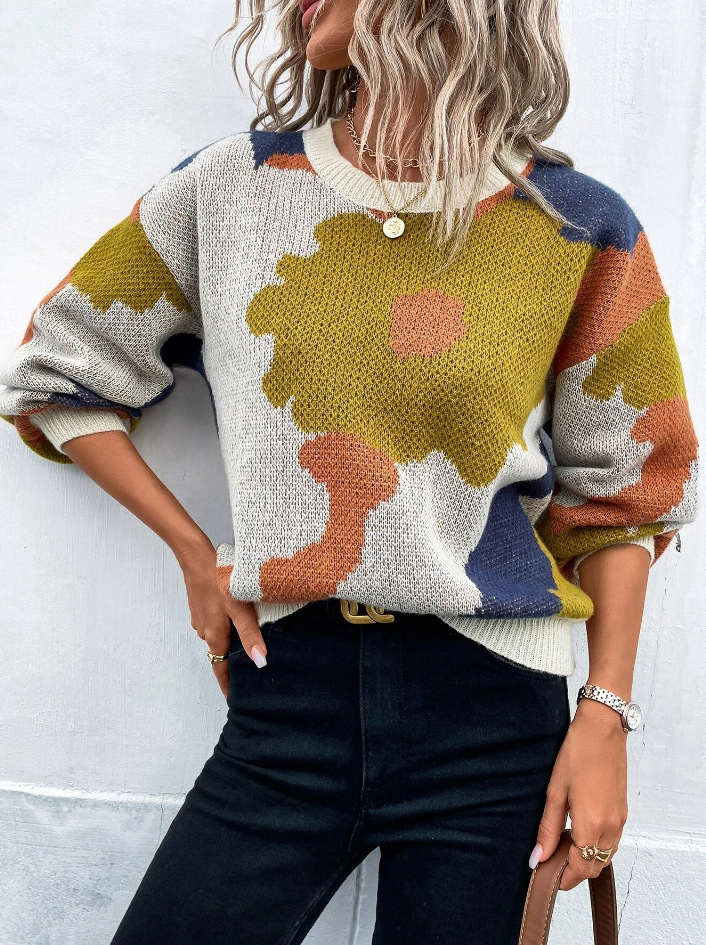 Cross-border European and American Autumn and Winter Round-neck Long-sleeve Knitted Top, Versatile Jacquard Casual Pullover Sweater For Women