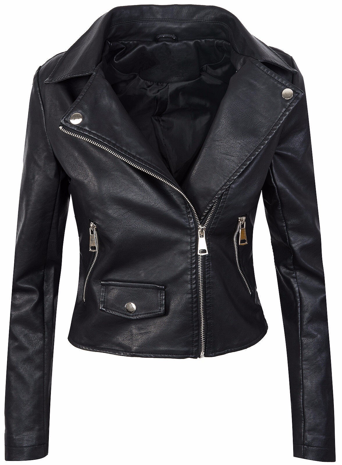 Women's Fall Winter Coat Slim Leather Short Zipper Leather Jacket Leather Coat