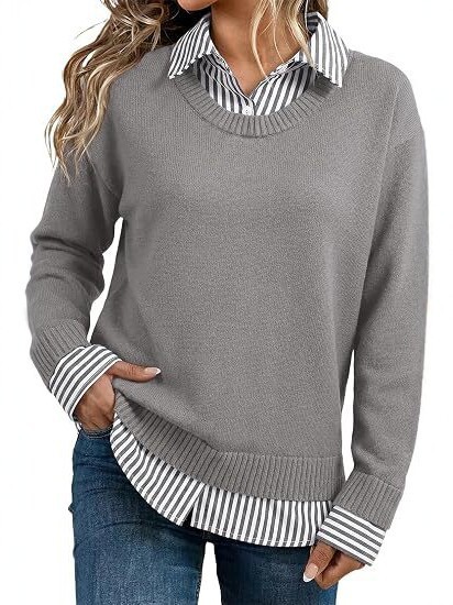 Look Striped Patchwork Sweater For Women, Loose Pullover Knit Top, European And American Style Long Sleeve Shirt