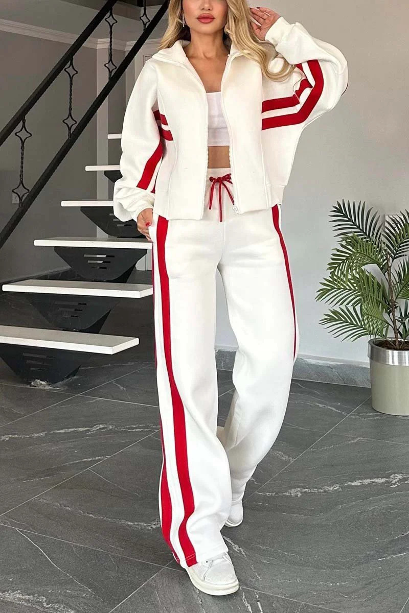 European And American Cross-Border Amazon Autumn Striped Zip-Up Jacket Casual Sports Suit For Women