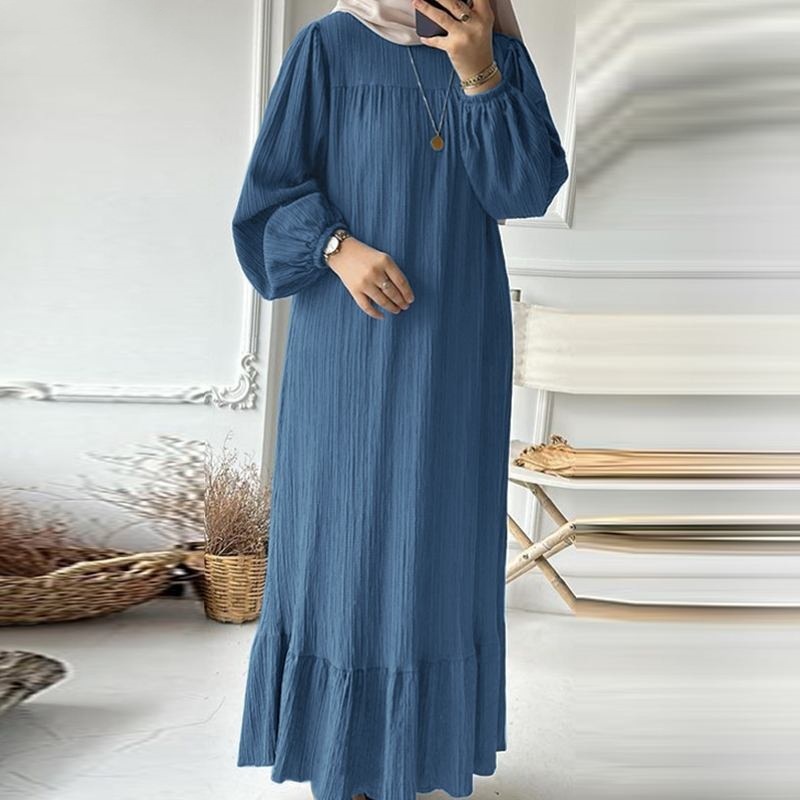 Muslim Women's Wear Robe Vintage Maxi Dress Pure Color Ruffles Dress
