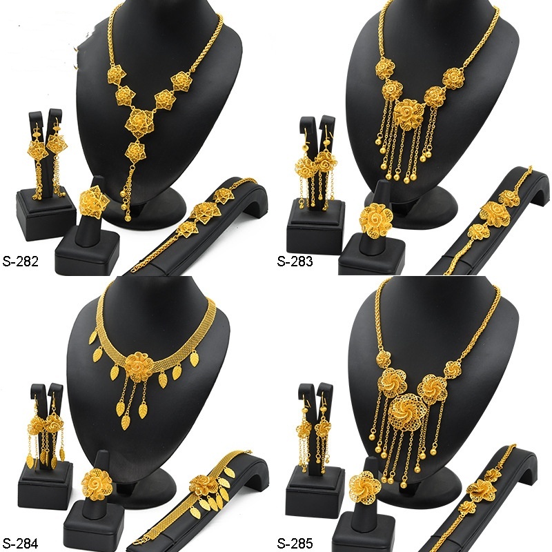 Lady's Flower Necklace Earring Ring Bracelet Copper-plated Gold Jewelry Suit
