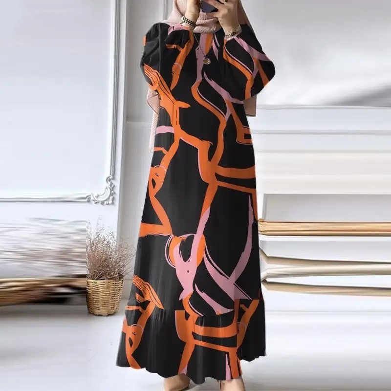 Muslim Women's Wear Robe Vintage Maxi Dress Pure Color Ruffles Dress