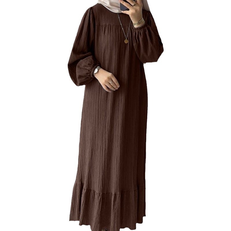 Muslim Women's Wear Robe Vintage Maxi Dress Pure Color Ruffles Dress