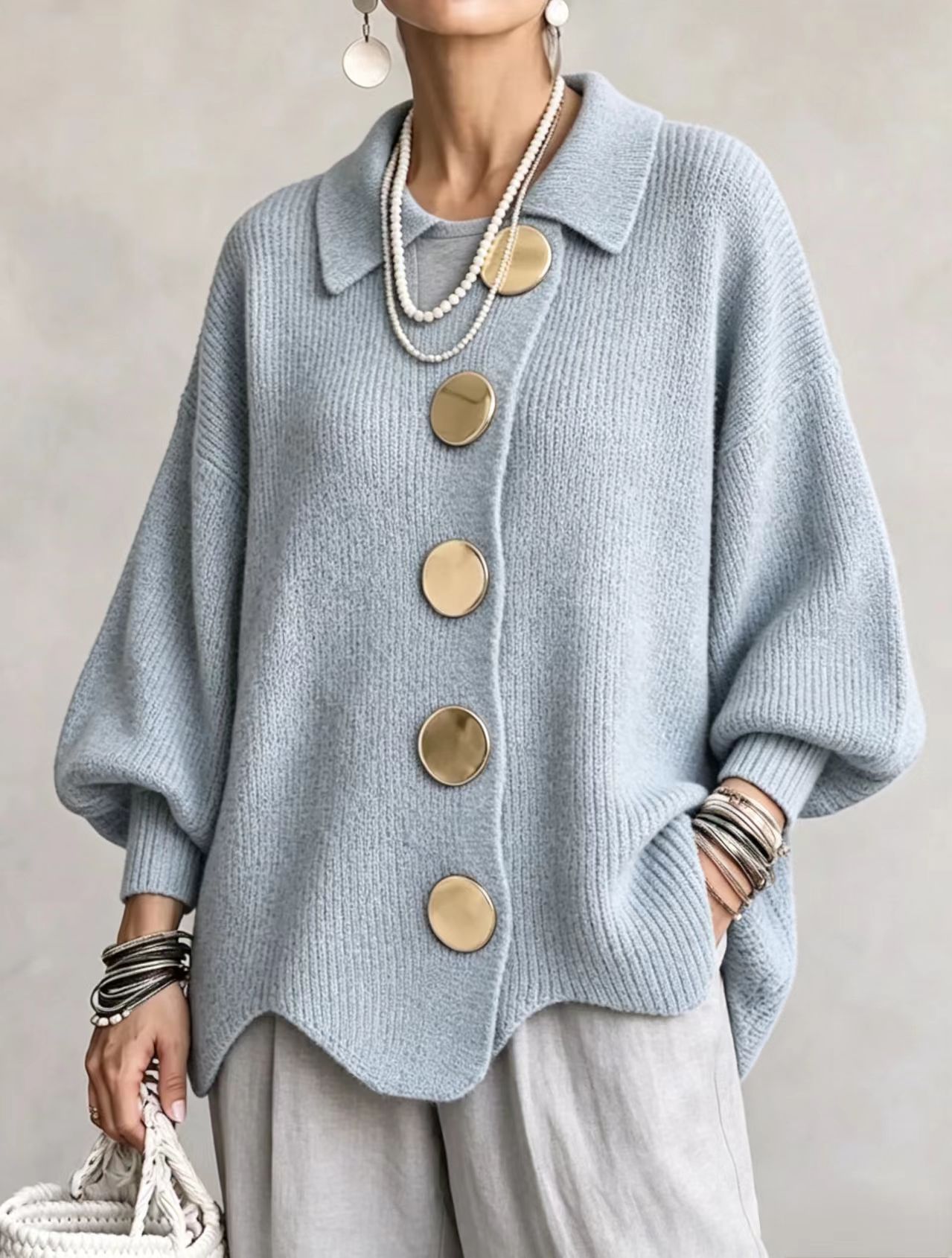 Button-down Cardigan Women's Fall Winter Lapel Button Knitted Jacket Long Sleeve Loose Fit Sweater Outerwear