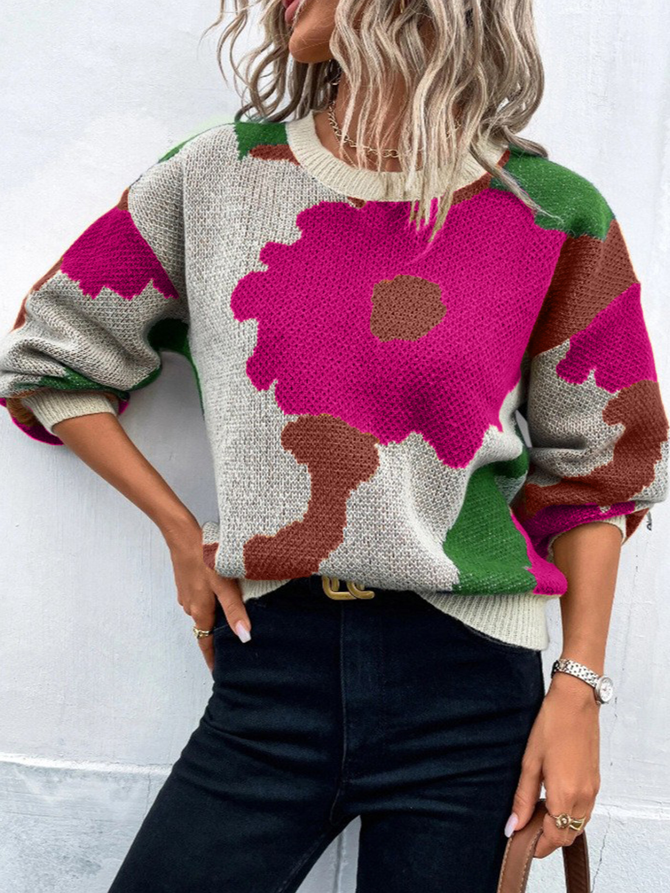 Cross-border European and American Autumn and Winter Round-neck Long-sleeve Knitted Top, Versatile Jacquard Casual Pullover Sweater For Women