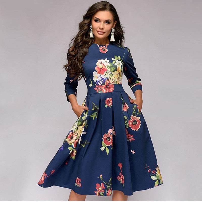 Autumn/Winter Women's A-line Dress Party Retro Small Fragmented Flower 3/4 Sleeve Round Neck Dress