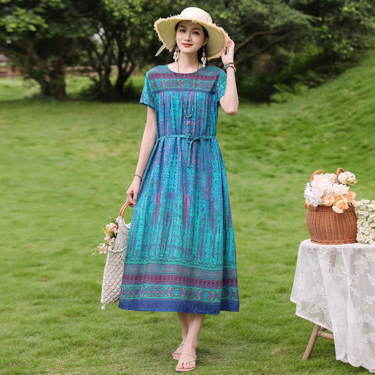New Elegant Cotton Silk Dress For Middle Aged And Senior Women