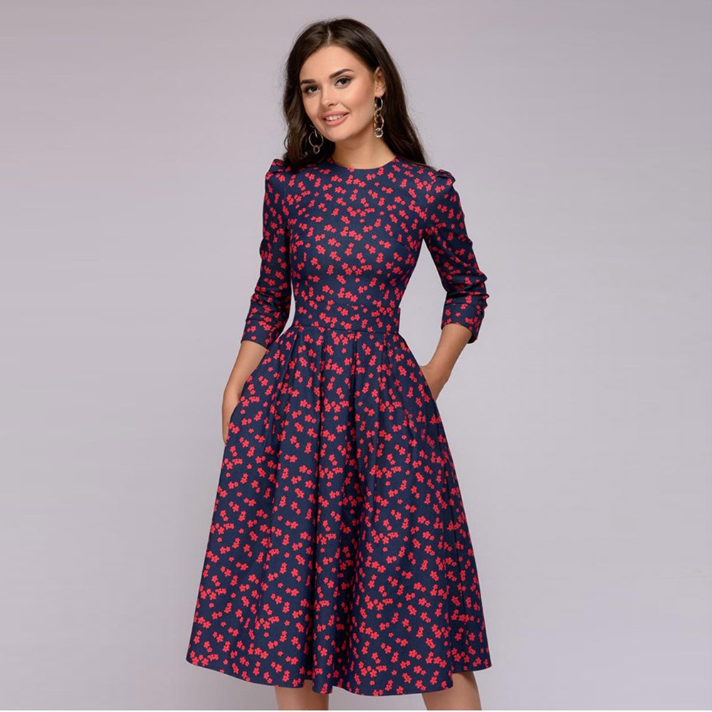 Autumn/Winter Women's A-line Dress Party Retro Small Fragmented Flower 3/4 Sleeve Round Neck Dress