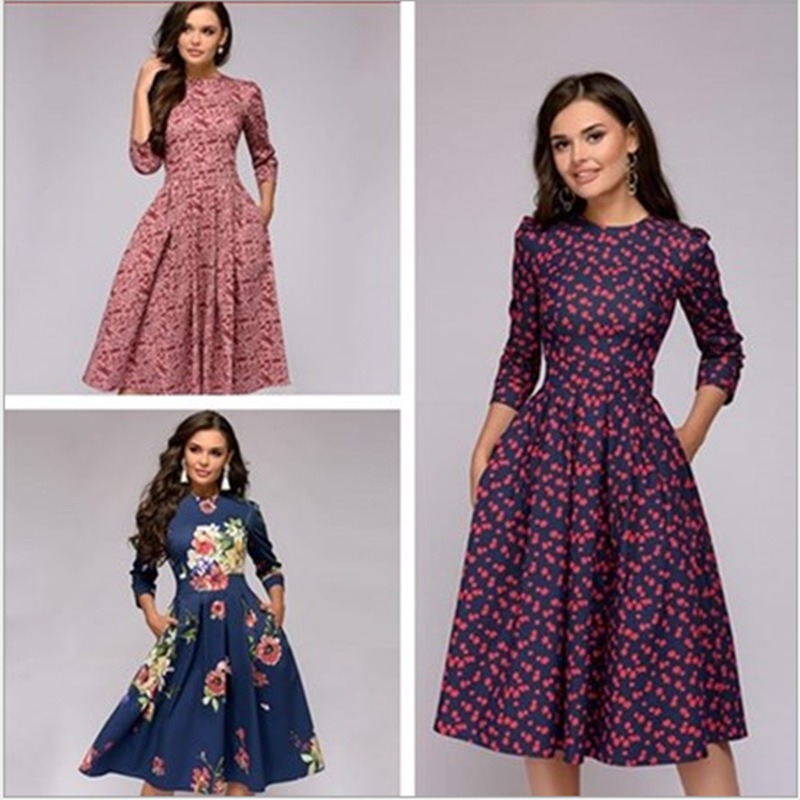 Autumn/Winter Women's A-line Dress Party Retro Small Fragmented Flower 3/4 Sleeve Round Neck Dress