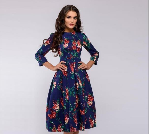 Autumn/Winter Women's A-line Dress Party Retro Small Fragmented Flower 3/4 Sleeve Round Neck Dress
