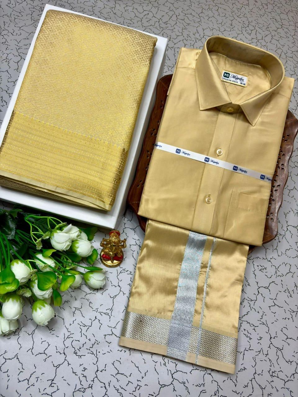Silk Tissue shirt +bridal silk saree Couple combo