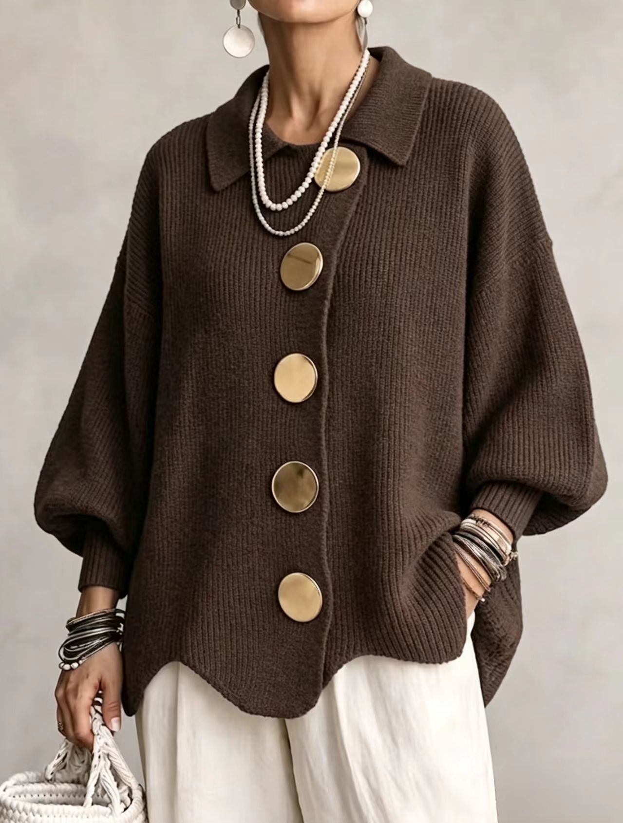 Button-down Cardigan Women's Fall Winter Lapel Button Knitted Jacket Long Sleeve Loose Fit Sweater Outerwear