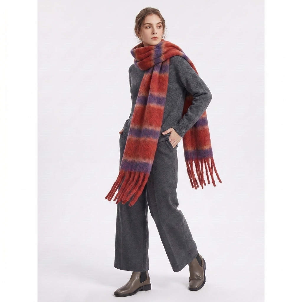Cashmere-like Loop Yarn Chunky Ribbed Striped Scarf