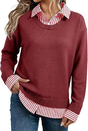 Look Striped Patchwork Sweater For Women, Loose Pullover Knit Top, European And American Style Long Sleeve Shirt