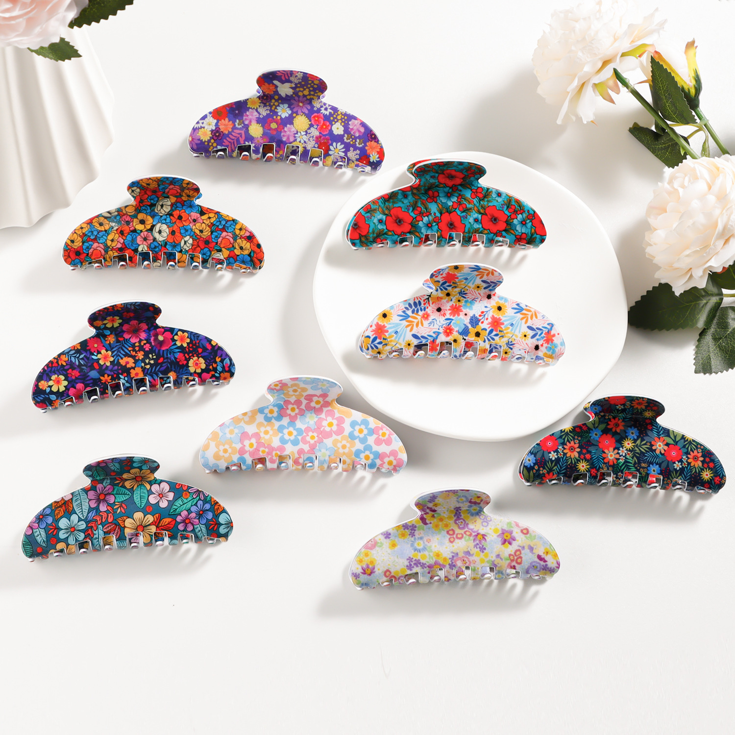 Goleshi Accessories Spring Floral Print Hair Clip Romantic Sweet Small Chrysanthemum Bun Maker Shark Clip Hair Accessory