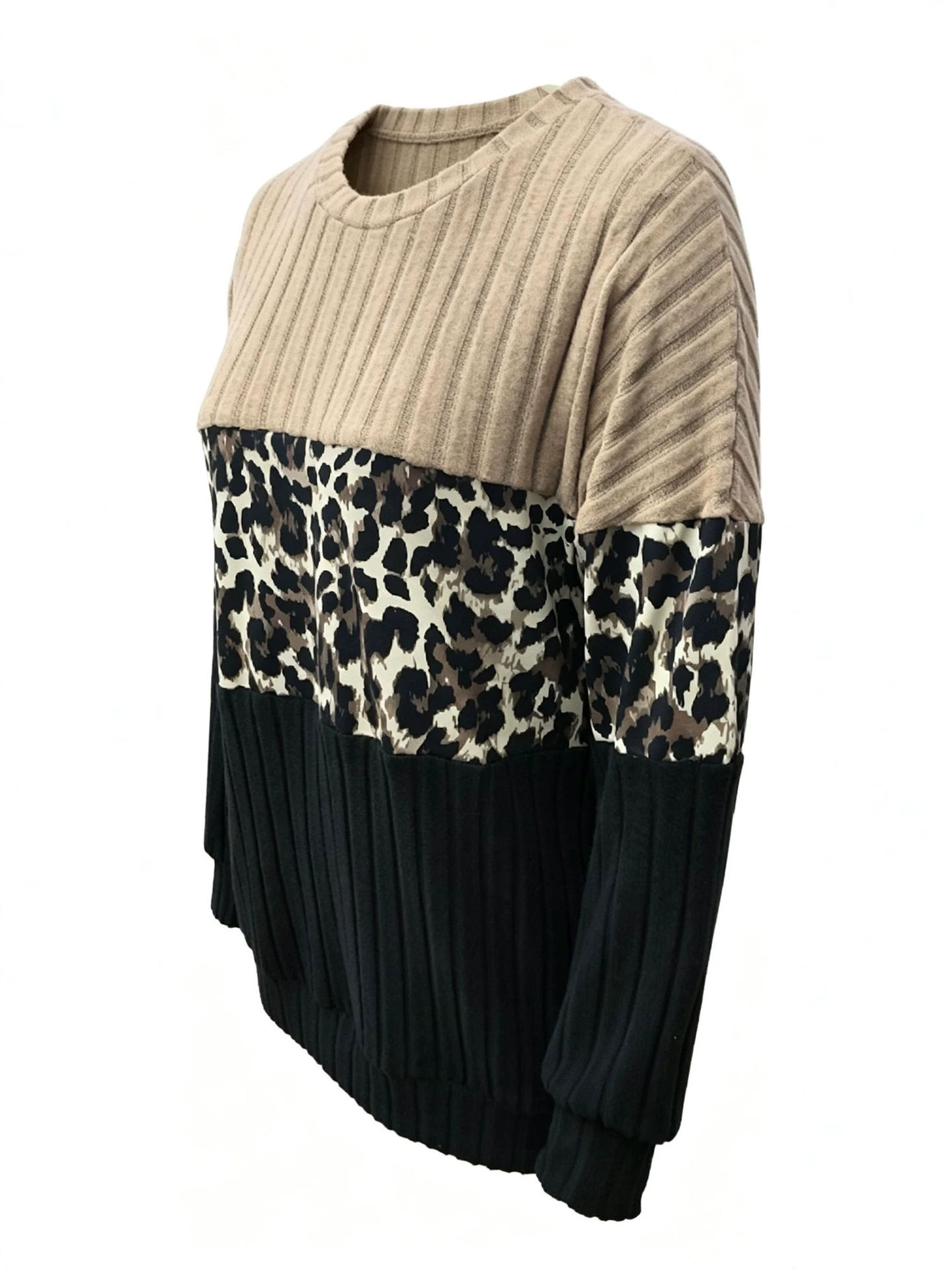 Autumn New Arrival Cross-Border Trade European And American Women's Clothing - Leopard Print Vertical Stripe Textured Round Neck Loose Casual Long Sleeve Sweatshirt