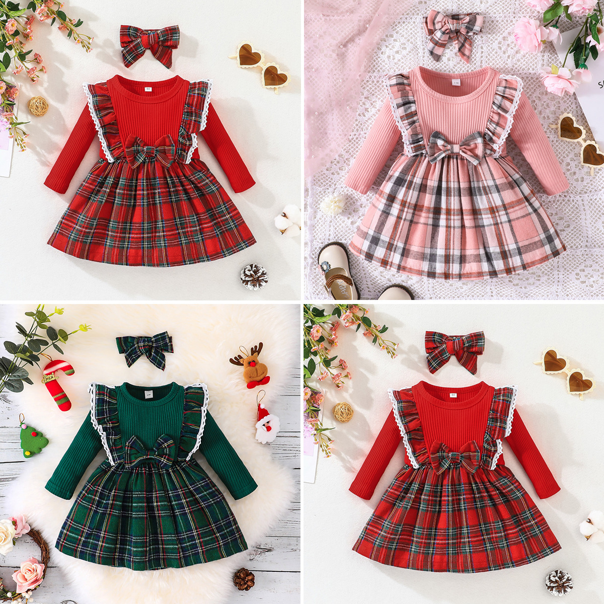 Girl's Christmas Style Plaid Long Sleeve Dress