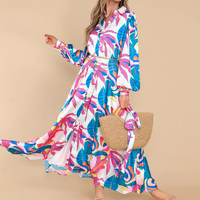 New Printed Dresses Long-sleeved Polo Collar Dresses Women
