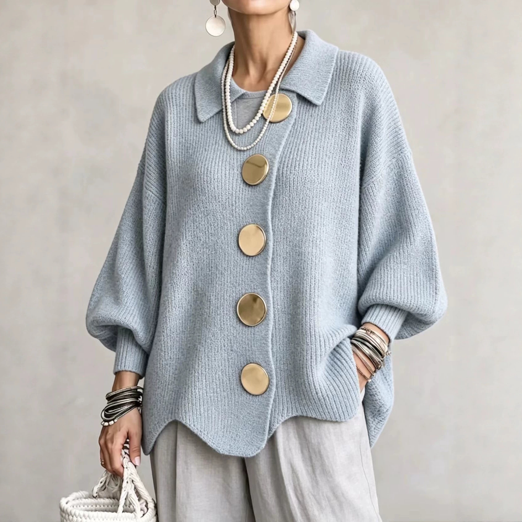 Button-down Cardigan Women's Fall Winter Lapel Button Knitted Jacket Long Sleeve Loose Fit Sweater Outerwear