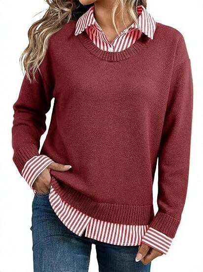 Look Striped Patchwork Sweater For Women, Loose Pullover Knit Top, European And American Style Long Sleeve Shirt