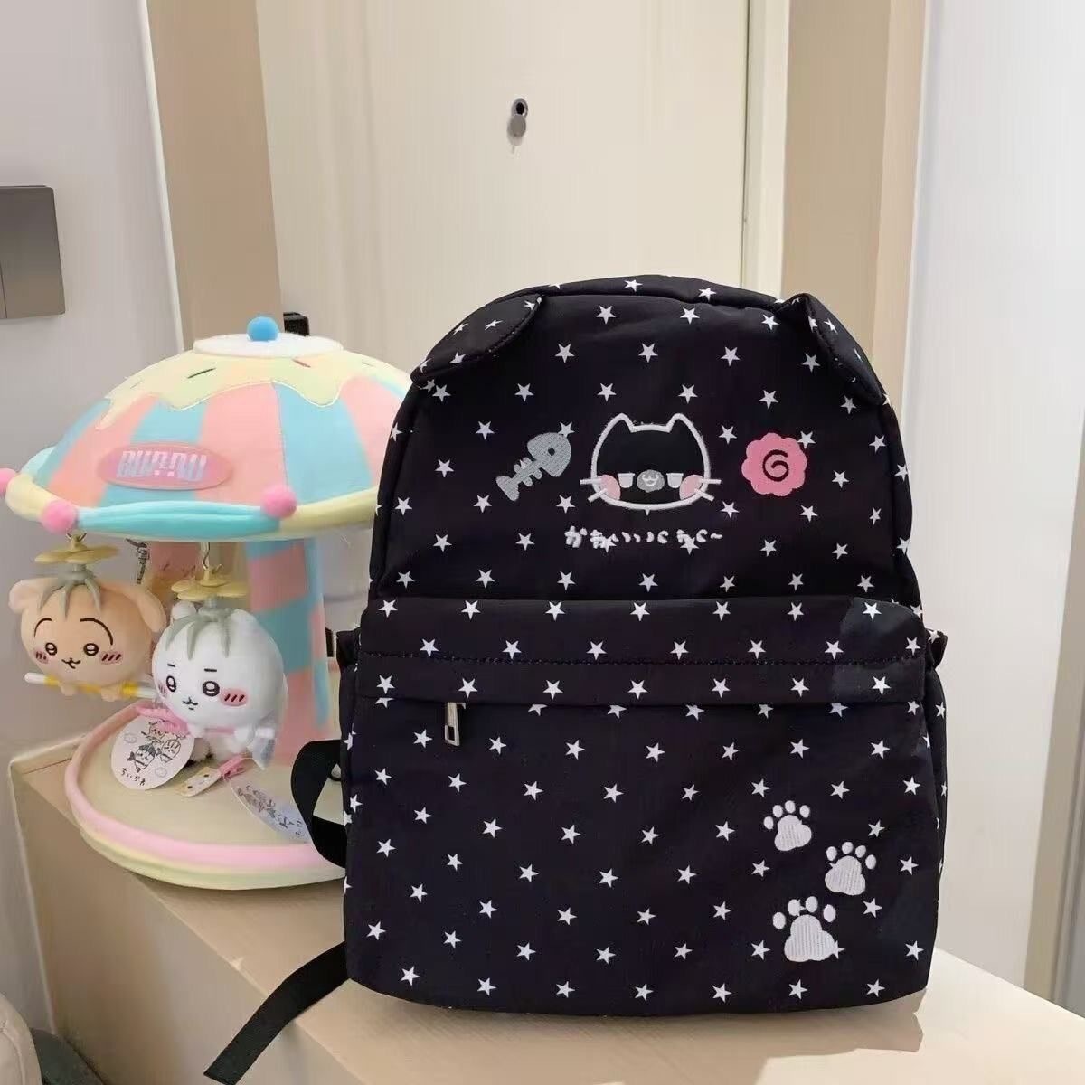 Cartoon Ins Cat Ear Backpack For Female Niche Design, Cute Little Cat Polka Dot Student Backpack, Large Capacity - Black