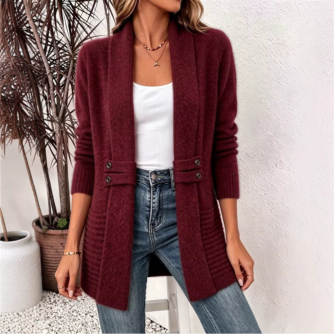 Women's Casual Decorative Cardigan, Relaxed Style, Versatile Mid-Length Sweater
