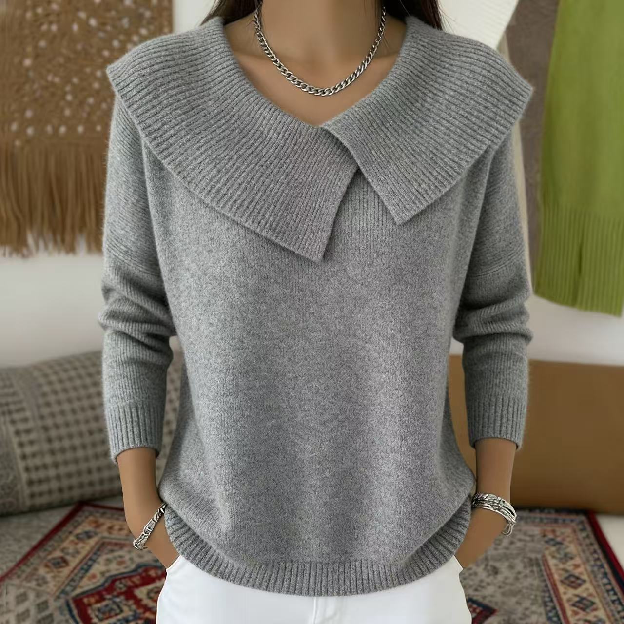 Fashion Retro Playful Temperament Slim Lapel Sweater Knitted Style