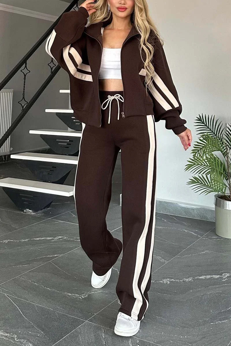 European And American Cross-Border Amazon Autumn Striped Zip-Up Jacket Casual Sports Suit For Women