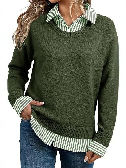Look Striped Patchwork Sweater For Women, Loose Pullover Knit Top, European And American Style Long Sleeve Shirt
