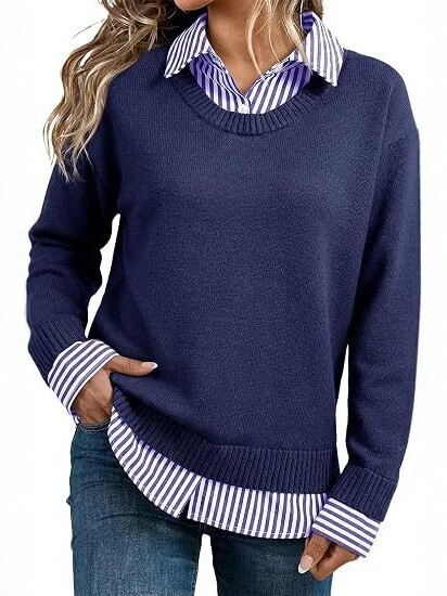 Look Striped Patchwork Sweater For Women, Loose Pullover Knit Top, European And American Style Long Sleeve Shirt