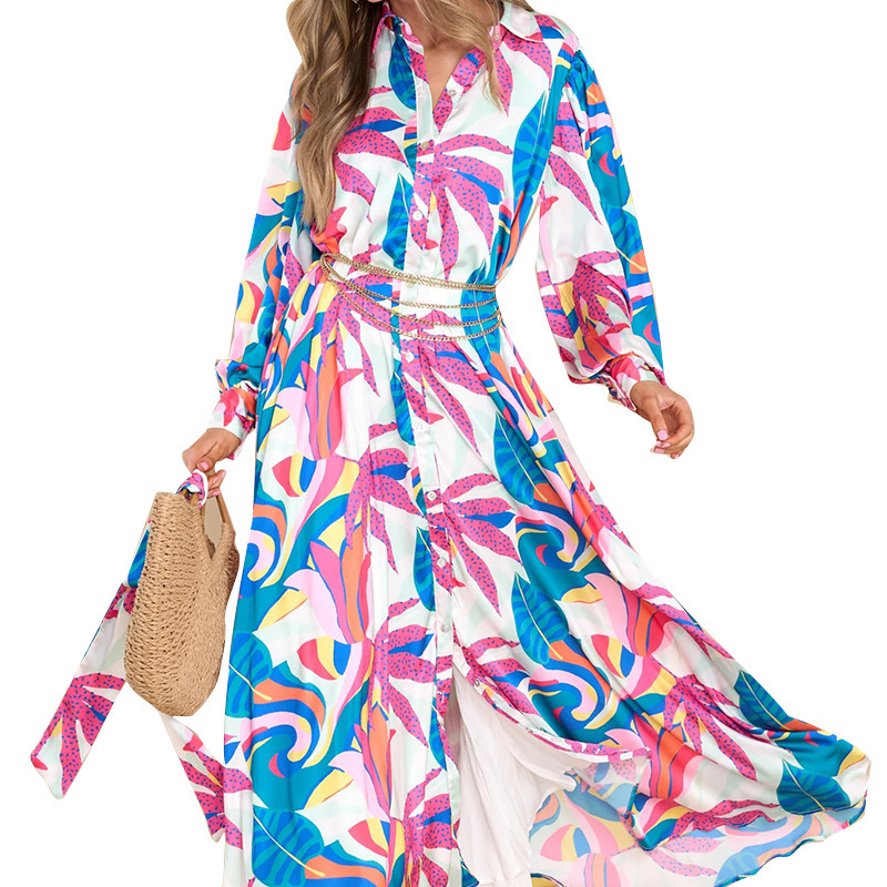 New Printed Dresses Long-sleeved Polo Collar Dresses Women