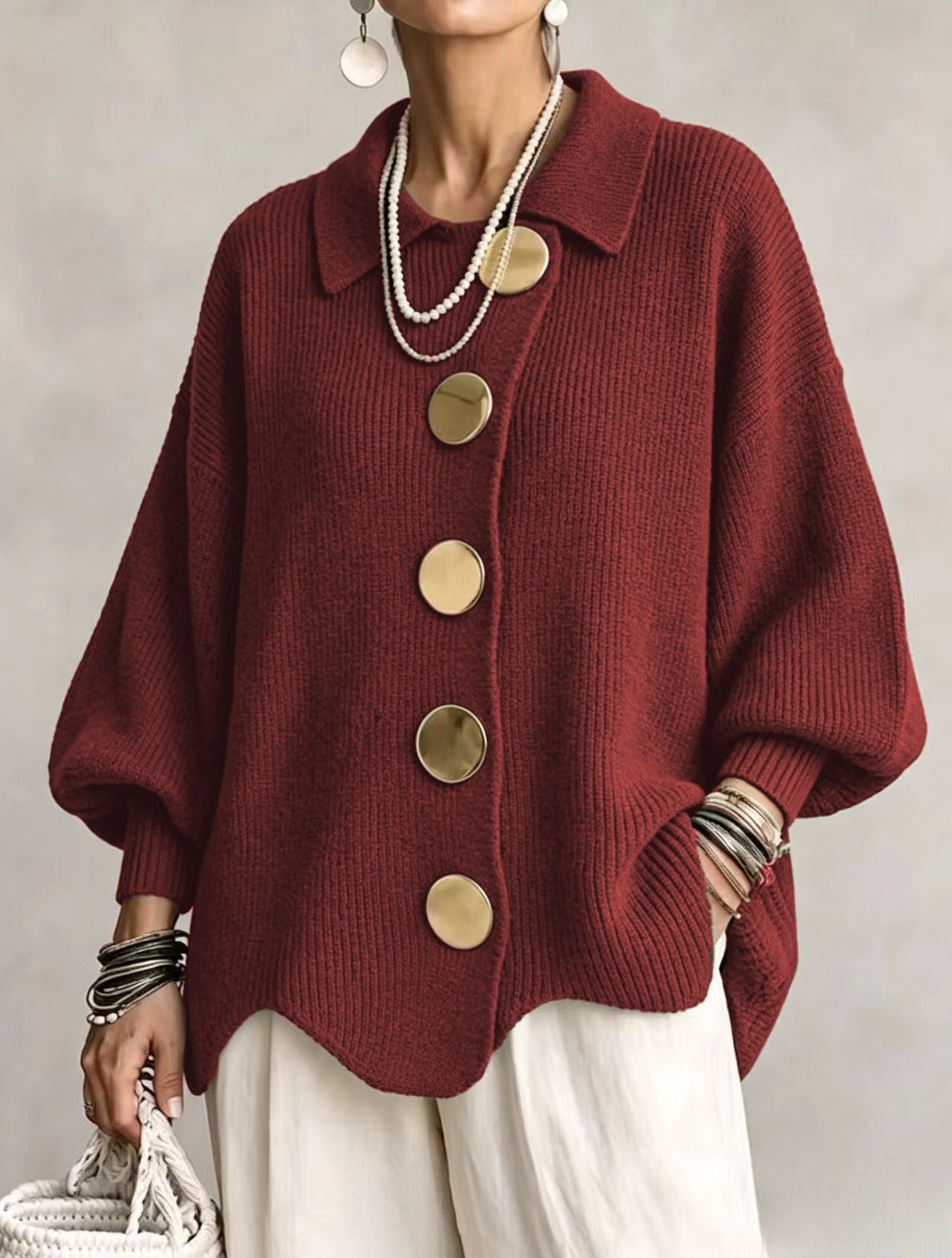 Button-down Cardigan Women's Fall Winter Lapel Button Knitted Jacket Long Sleeve Loose Fit Sweater Outerwear