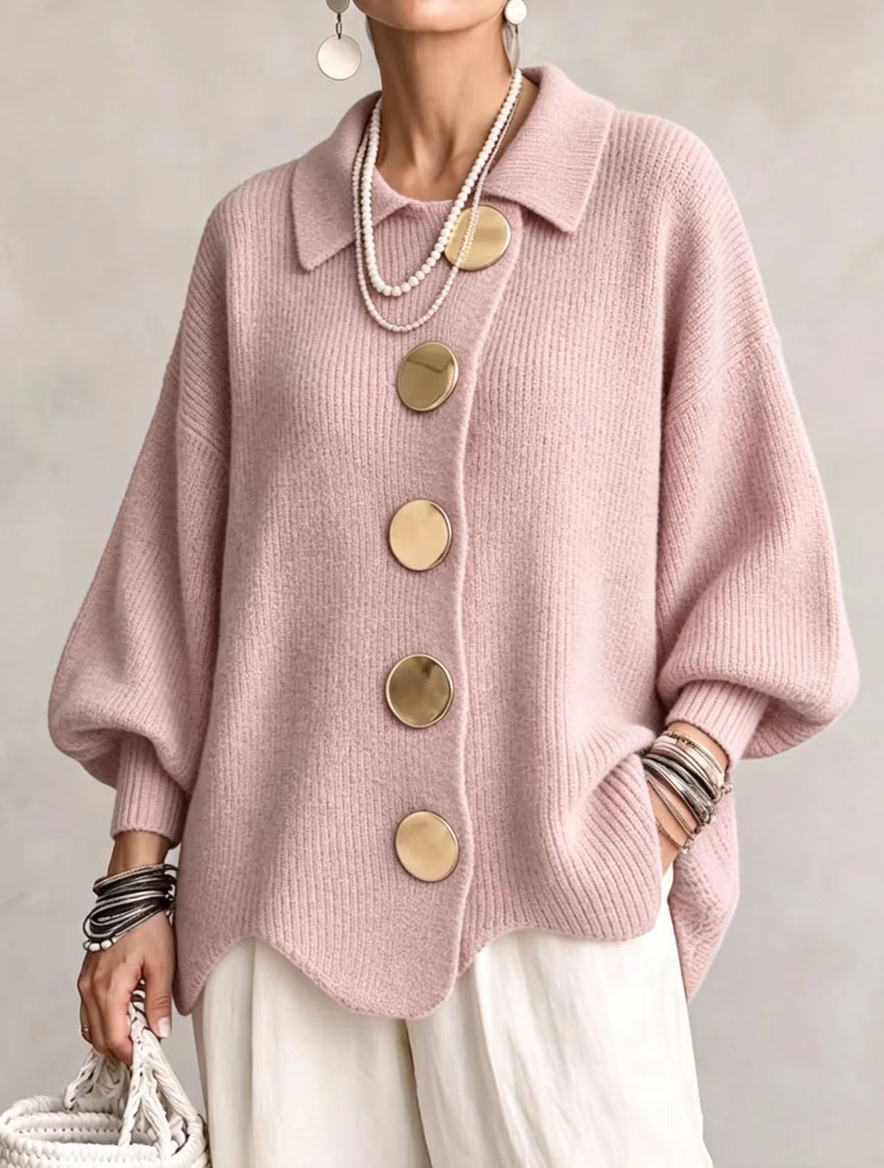 Button-down Cardigan Women's Fall Winter Lapel Button Knitted Jacket Long Sleeve Loose Fit Sweater Outerwear