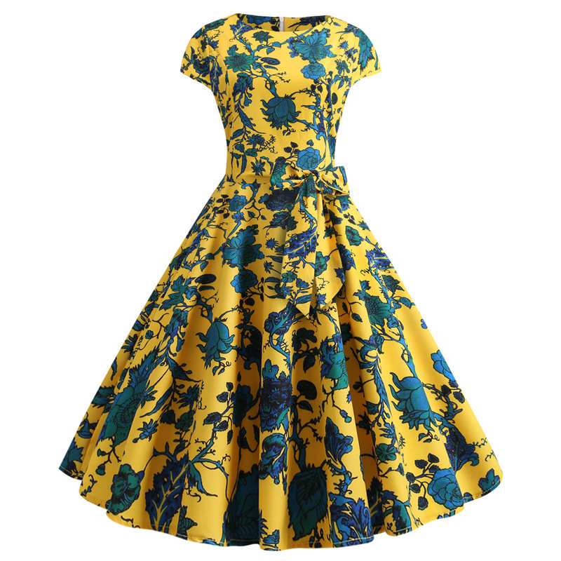 Women's Printed Short-sleeved Lace-up Dress