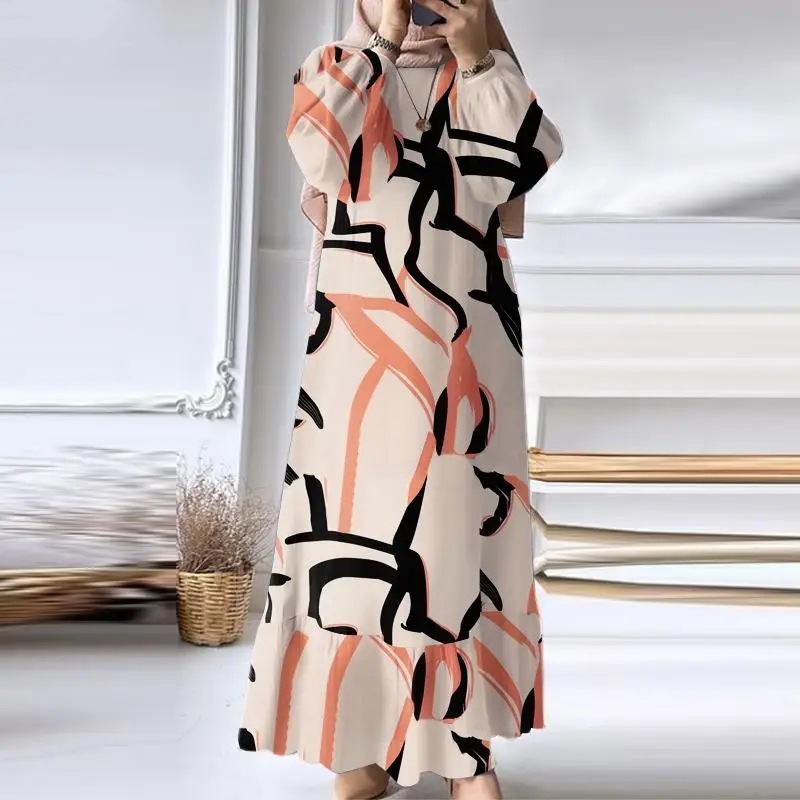 Muslim Women's Wear Robe Vintage Maxi Dress Pure Color Ruffles Dress