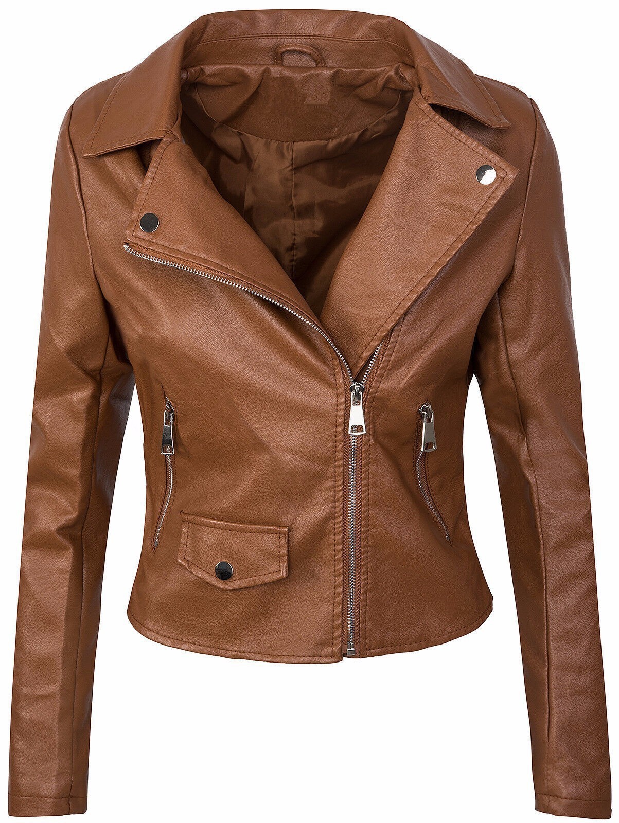 Women's Fall Winter Coat Slim Leather Short Zipper Leather Jacket Leather Coat
